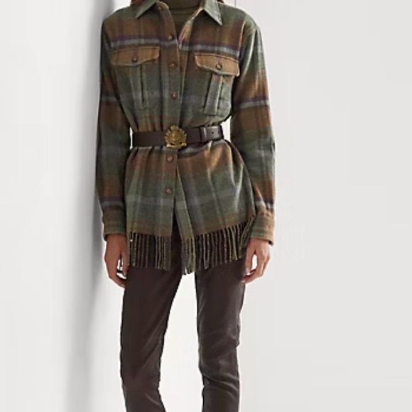 Lauren Ralph Lauren Plaid Fringe-Trim Twill Shirt Jacket Sz M - Picture 9 of 9